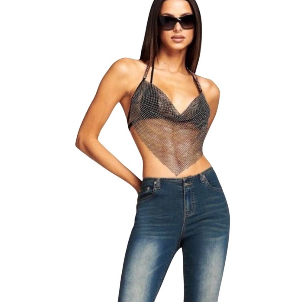 I.AM.GIA Rhinestone Mesh Sheer Halter Crop Top XS Indie Sleaze Fairy Grunge